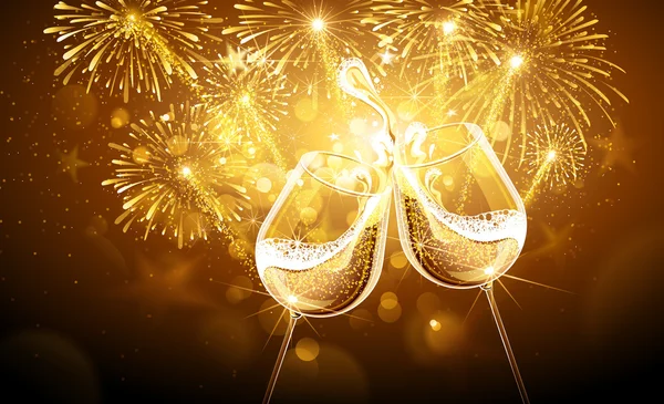 Fogos de artifício de Ano Novo e champanhe — Vetor de Stock
