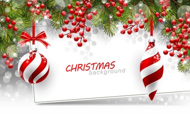 Köknar dalları ve kırmızı toplarla Noel arkaplanı