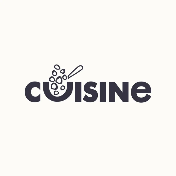 Logotipo cozinha texto com sinais de comida e colher —  Vetores de Stock