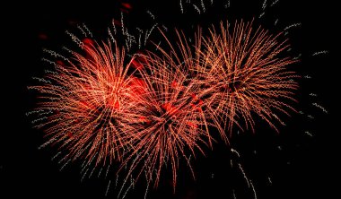 Gece gökyüzüne karşı neşeli havai fişekler. Tatil boyunca havai fişekler, ateşli çiçekler..