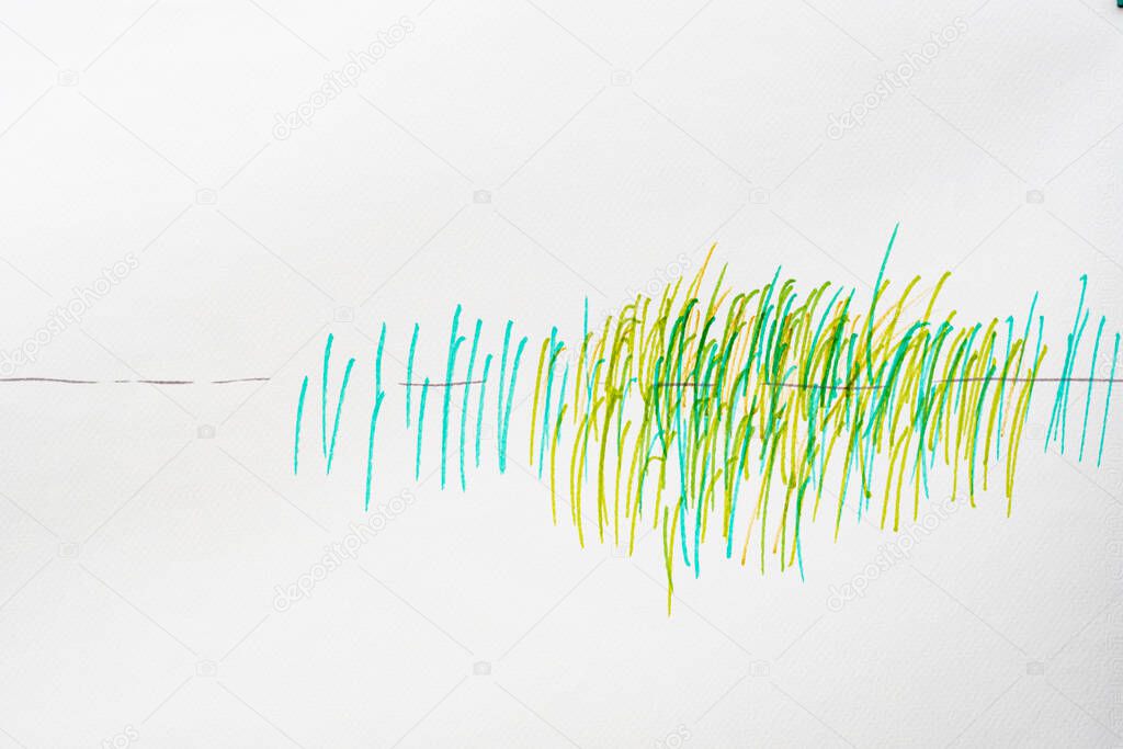 On a white sheet of paper, one horizontal interrupted black line and many green vertical lines are drawn. Equalizer wave image.
