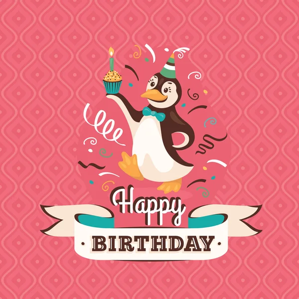 Carte de vœux d'anniversaire vintage avec illustration vectorielle pingouin — Image vectorielle