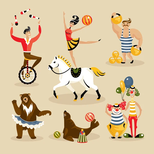 Set of circus characters and animals — Stok Vektör