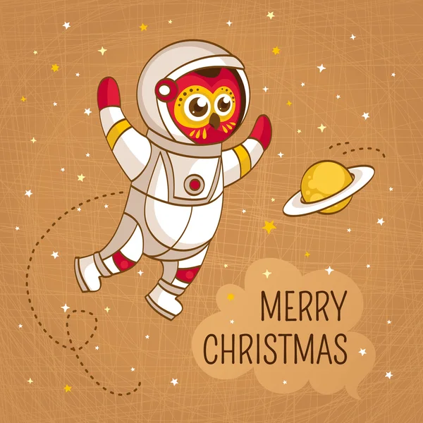 老式圣诞节贺卡与猫头鹰宇航员 — 图库矢量图片