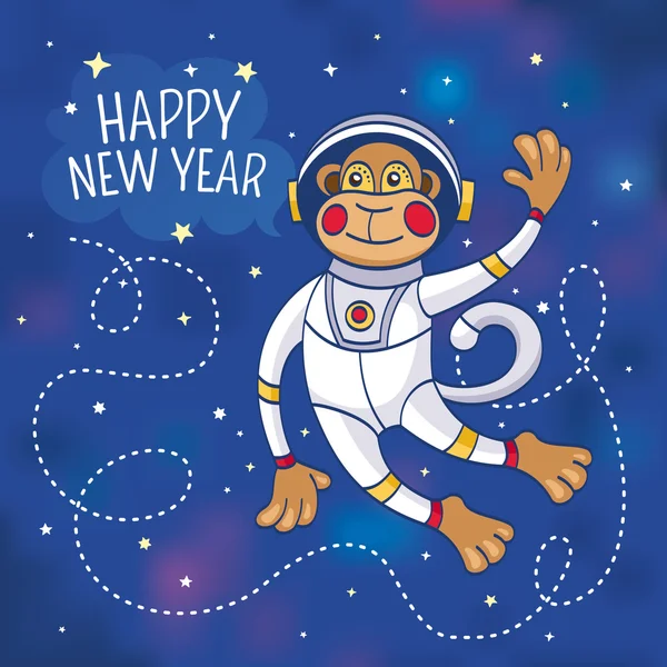 Carte de voeux du Nouvel An avec un astronaute singe — Image vectorielle
