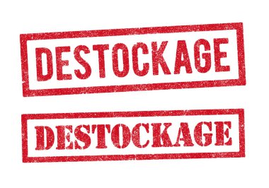 Kırmızı mürekkep damgasıyla iki farklı şekilde Destockage (Fransızca Temizlik) kelimesinin vektör illüstrasyonu