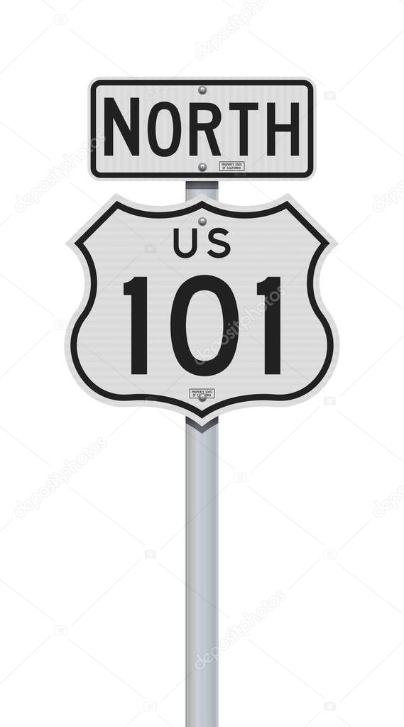 Vector illustration of the US Highway 101 California and North road signs on metallic post