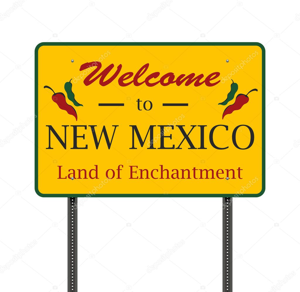 Vector illustration of the Welcome to New Mexico yellow road sign on metallic posts