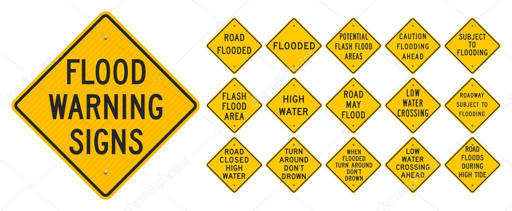 Vector illustration of the Flood Warning yellow diamond signs