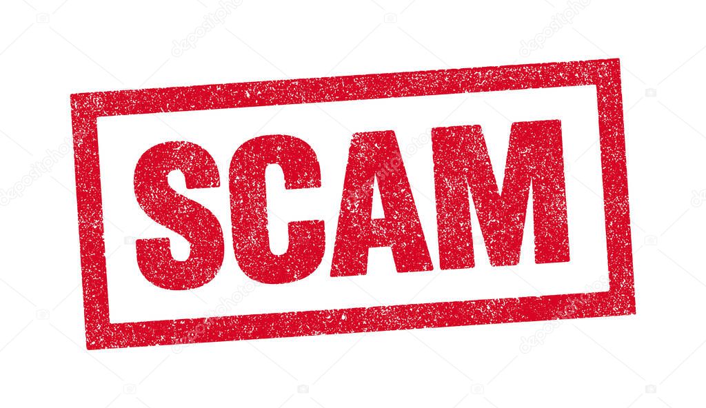 Vector illustration of the word Scam in red ink stamp