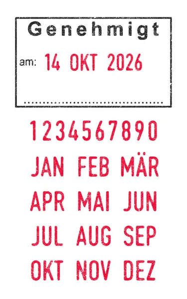 Ilustração Vetorial Palavra Alemã Genehmigt Aprovado Carimbo Datas Editáveis Dia —  Vetores de Stock