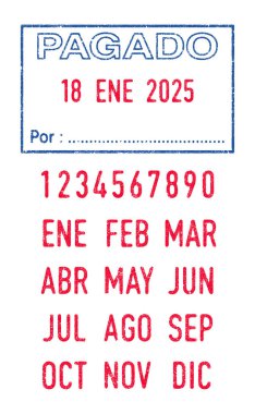 Vector illustration of the Spanish words Pagado (Paid) and Por (By) in blue ink stamp and editable dates (day, month and year) in red ink stamps clipart
