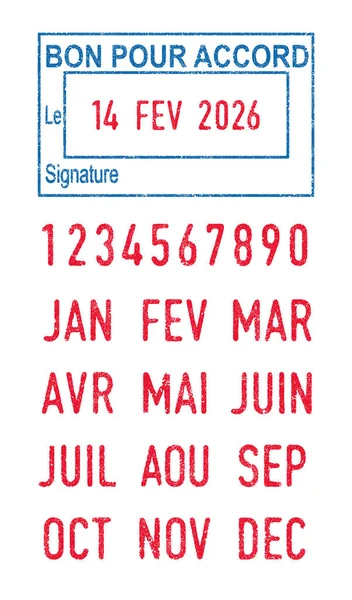 フランス語の単語のベクトル図青インクスタンプで同意 同意のために良い を注ぐと編集可能な日付 赤インクスタンプで — ストックベクタ