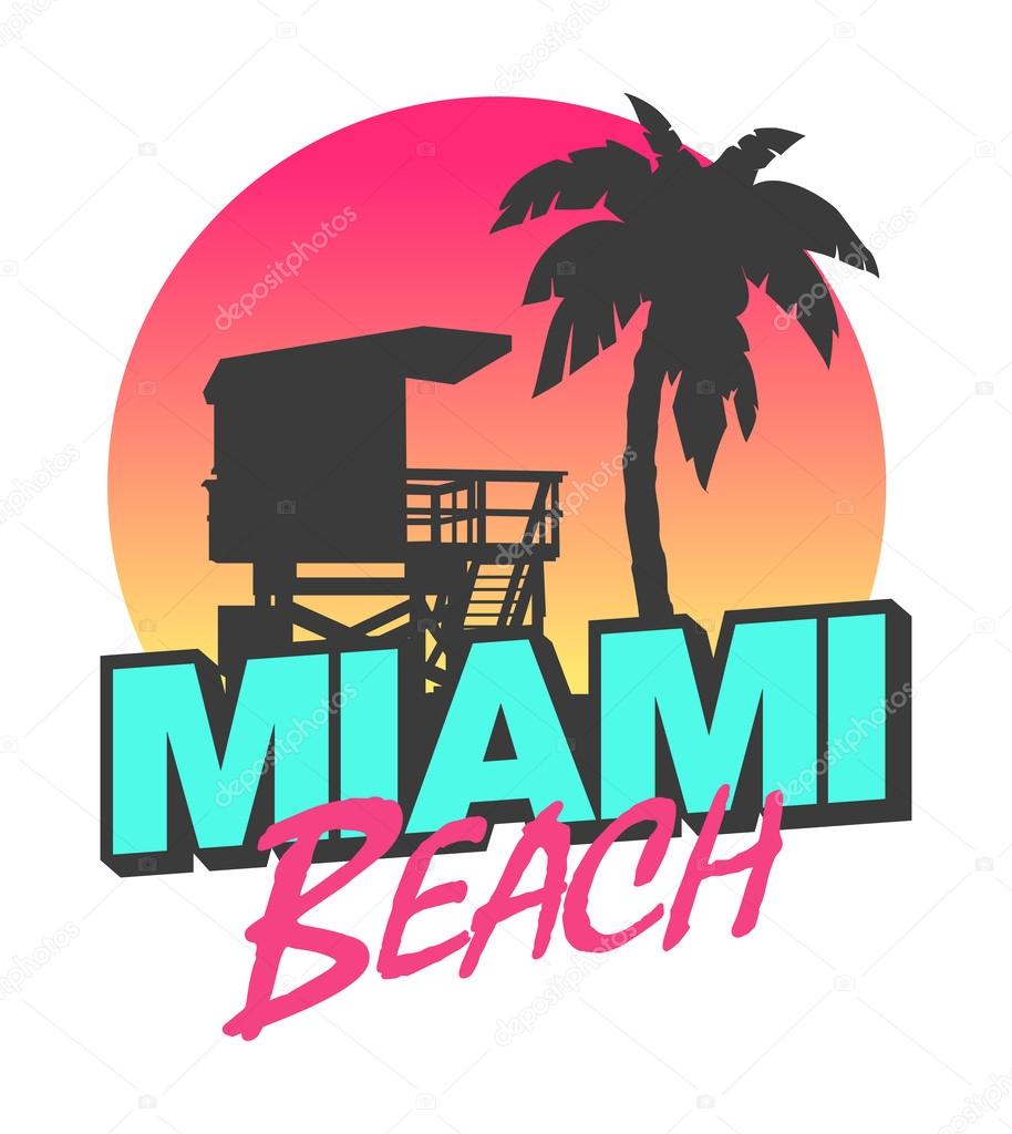 Colorful symbol of Miami beach with the famous house and palm tree