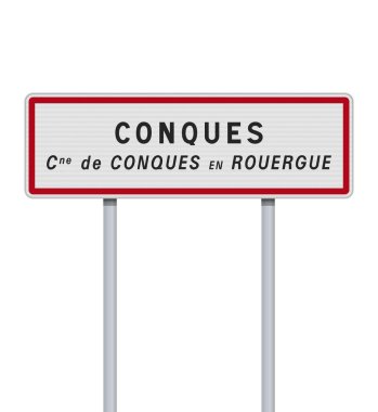 Vector illustration of the City of Conques en Rouergue (France) entrance road sign on metallic posts