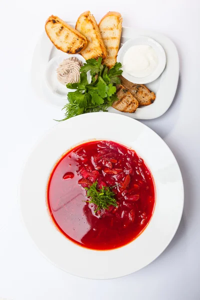 Rode Borsch Met Vlees Bord — Stockfoto