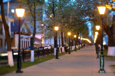 Rus vilayetinde akşam sokakta sarı ışıklarla yürüyorum.