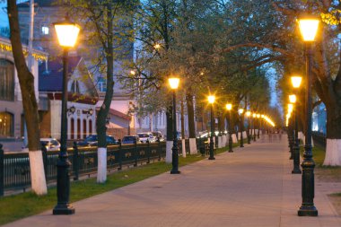 Rus vilayetinde akşam sokakta sarı ışıklarla yürüyorum.