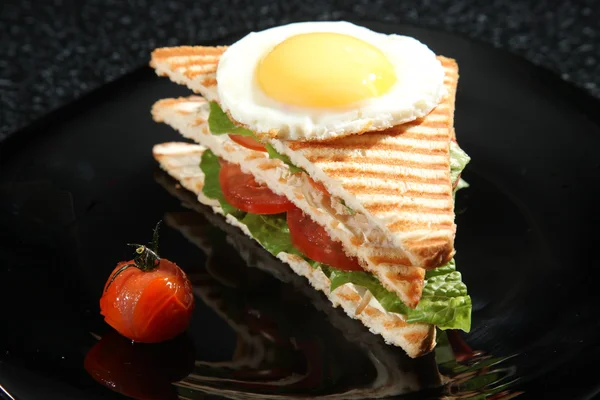 sandwich with egg and vegetables on black background