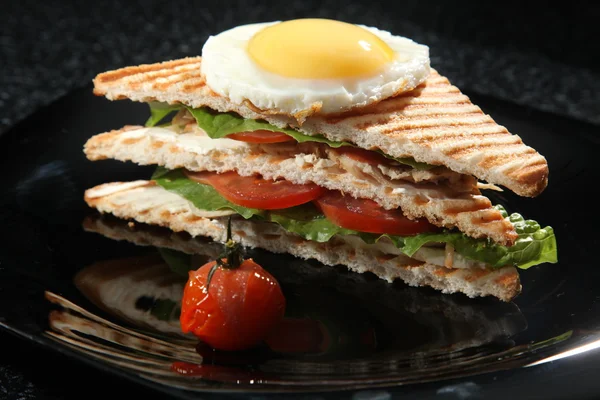 sandwich with egg and vegetables on black background