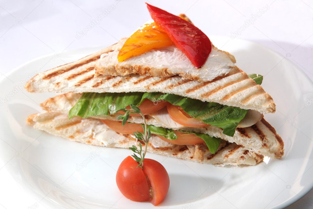 sandwich with salmon and vegetables on plate