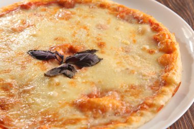 Pizza plaka üzerinde farklı peynir ile