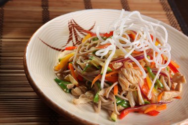 Çin usulü sebzeli erişte ve tavuk.