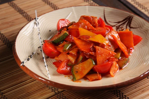 Verduras Una Salsa Picante Estilo Chino Plato — Foto de Stock