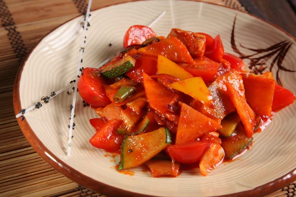 Verduras Una Salsa Picante Estilo Chino Plato — Foto de Stock