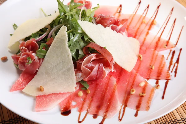 Arugula Salad Cheese Watermelon Plate — Stock Photo, Image