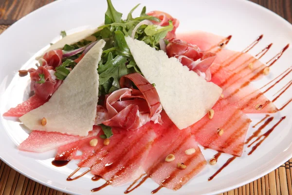 Arugula Salad Cheese Watermelon Plate — Stock Photo, Image