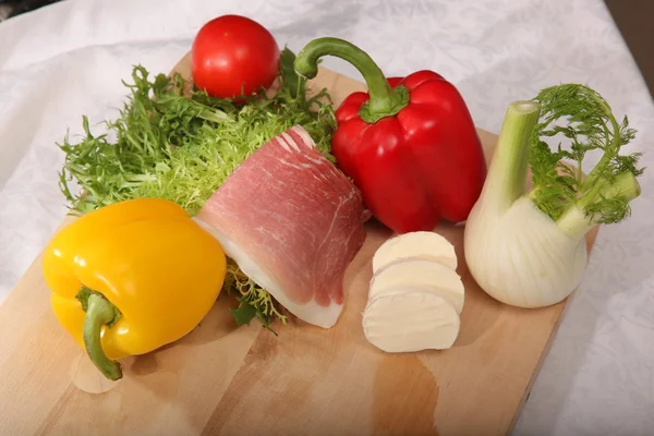 Set Meat Cheese Vegetables Wooden Board Cooking — Stock Photo, Image