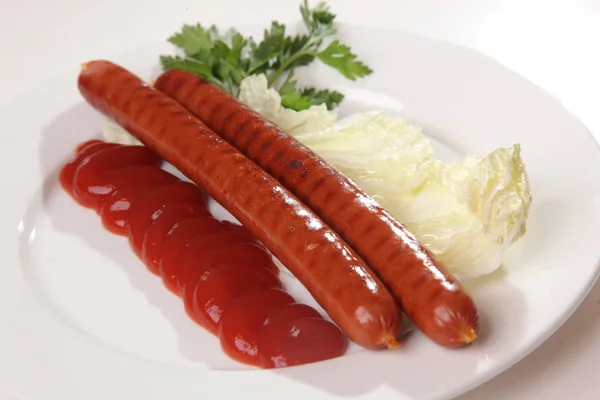 Pár Füstölt Frankfurters Ketchup Közúti Cafe — Stock Fotó