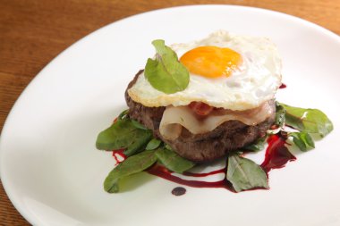 Kızarmış yumurta ve soslu biftek.