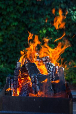 Mangal üzerinde derin yeşil arka plan kömürlerin yanma ile