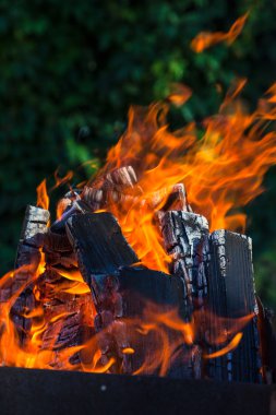 Mangal üzerinde derin yeşil arka plan kömürlerin yanma ile