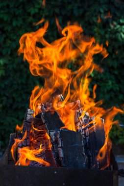 Mangal üzerinde derin yeşil arka plan kömürlerin yanma ile