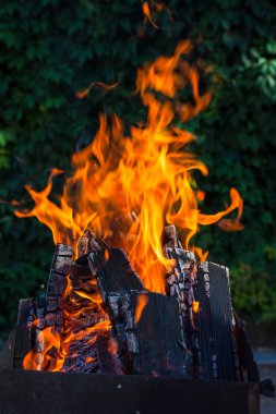 Mangal üzerinde derin yeşil arka plan kömürlerin yanma ile
