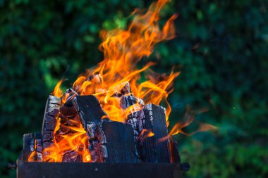 Mangal üzerinde derin yeşil arka plan kömürlerin yanma ile