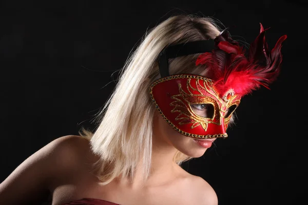 Naakt Blond Venetiaanse Masker Zwarte Achtergrond — Stockfoto