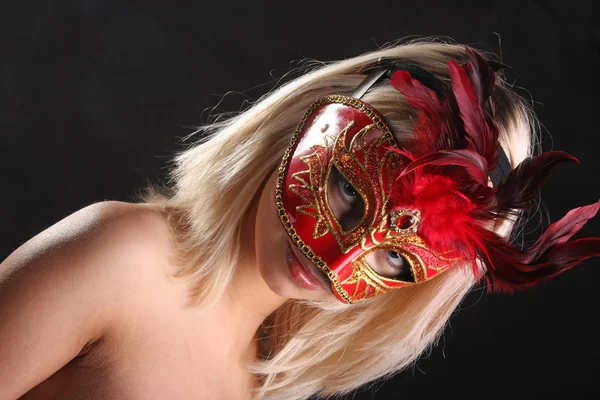 Blonde Red Yellow Venetian Mask Black Background — 스톡 사진