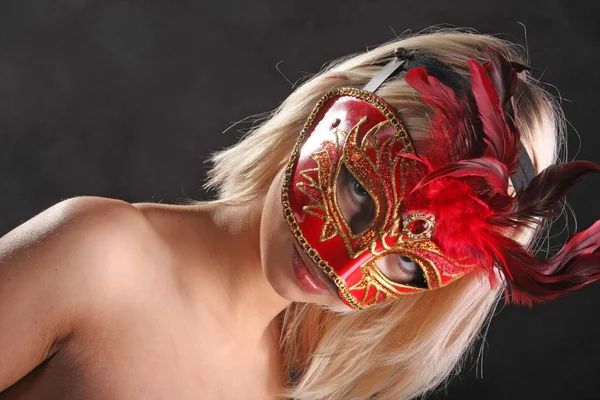 Blonde Red Yellow Venetian Mask Black Background — 스톡 사진