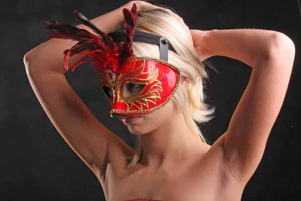 blonde in mask with a beautiful neck on black background