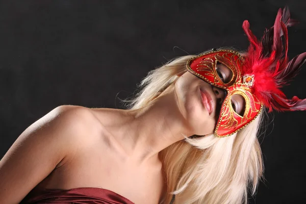 blonde in mask with a beautiful neck on black background