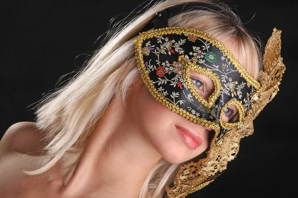 Blonde Flirts Venetian Mask Black Background — Stock Photo, Image