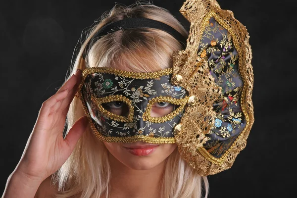 Blonde Flirts Venetian Mask Black Background — Stock Photo, Image