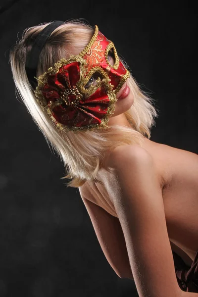 Blonde Flirts Venetian Mask Black Background — 스톡 사진