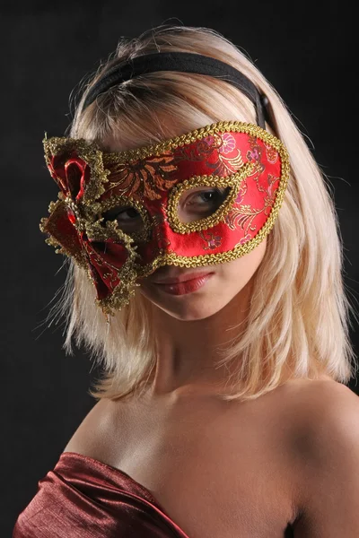 Blonde Flirts Venetian Mask Black Background — 스톡 사진
