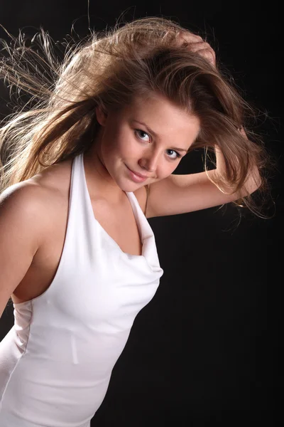 Developing Wind Hair Black Background — Stock Photo, Image