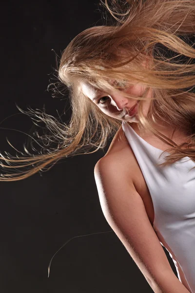 Developing Wind Hair Black Background — Stock Photo, Image